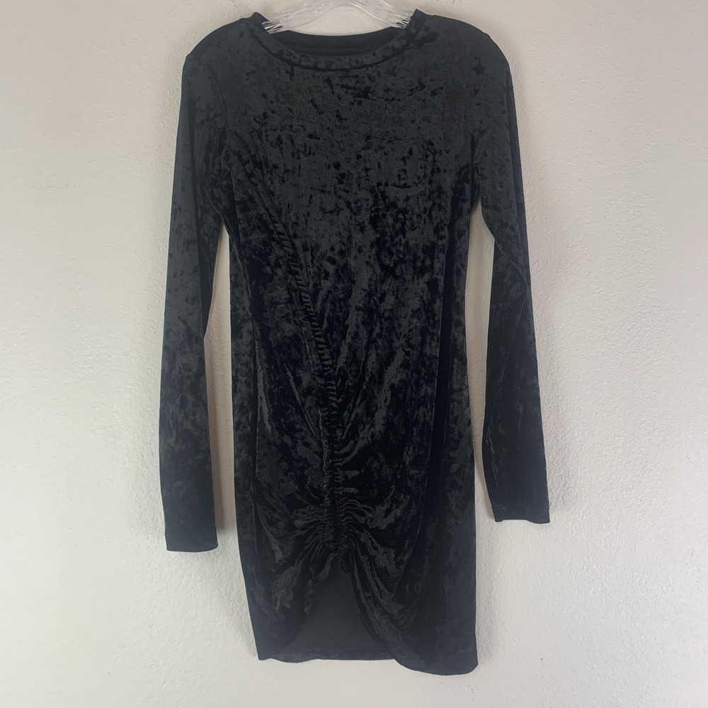 Vylette Dress Womens Small Crushed Velvet Mini Ruched Drawcord Party Long Sleeve